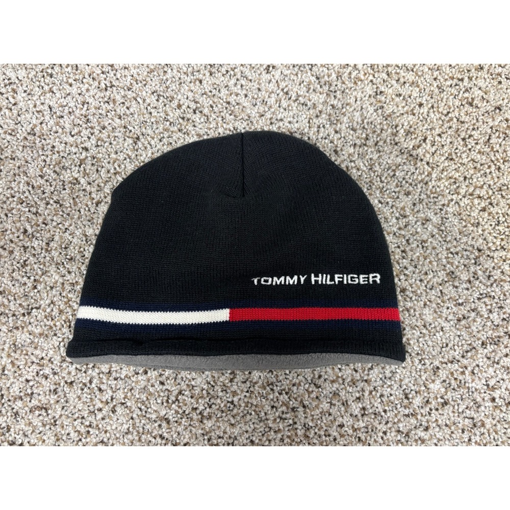 Tommy Hilfiger Mens Black Knit Beanie Fleece Lined Winter Hat Striped Logo